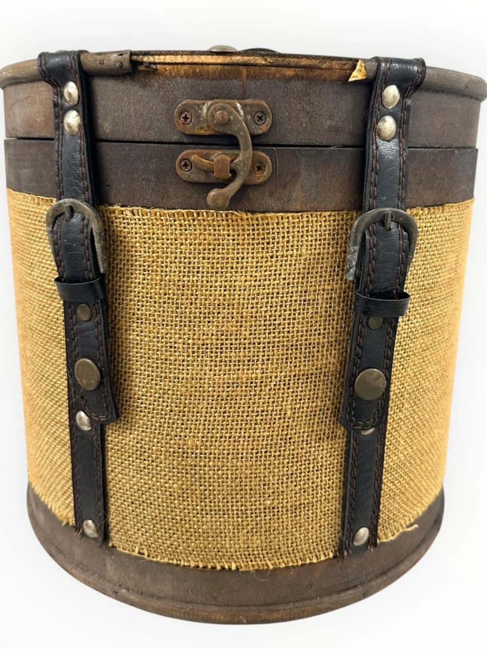 Rustic Round Wood Burlap Storage Box Vintage Style Home Decor 10.5”